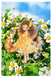 Detailed view of translucent girl and butterfly stickers amidst white daisy flowers