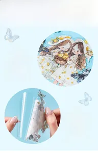 Detail of waterproof PET stickers with butterfly girl theme and custom die-cut edges