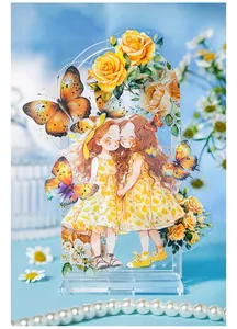 Acrylic desktop stand featuring little girls and yellow roses with butterfly motifs