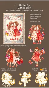 Detail view of vintage butterfly girl stickers with shell light PET finish for DIY crafting