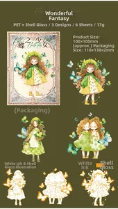 Detailed specs of Butterfly Girl PET stickers with shell light finish and size dimensions