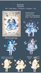 Detail view of butterfly girl series PET stickers with shell light and white ink craft