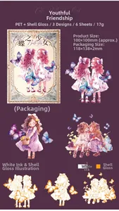 Detail of PET stickers with shell light effect featuring girl and butterfly motifs
