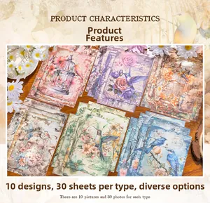 Detailed view of vintage forest bird scrapbook paper with flowers on a wooden desk
