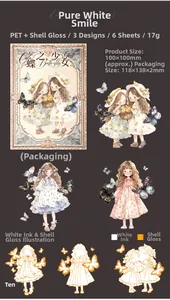 Detailed PET stickers showing shimmering shell light effect and butterfly girl designs