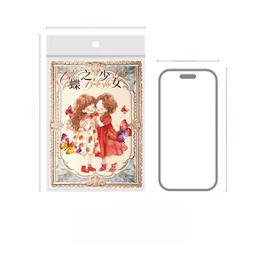 Detailed size comparison of butterfly girl stickers and cards against an iPhone 14 model