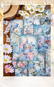 Detail of vintage bird and floral scrapbooking paper with elegant cage patterns