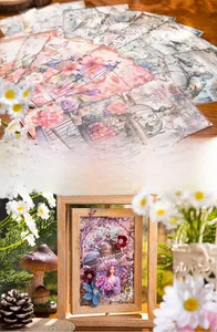 Macro view of vintage bird and floral scrapbooking paper inside a rotating wooden frame