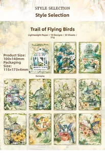 Detail view showing assorted vintage forest bird patterns on retro DIY decorative papers
