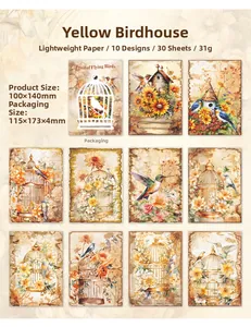 Detail view of 10 vintage bird and floral scrapbook paper designs on light paper