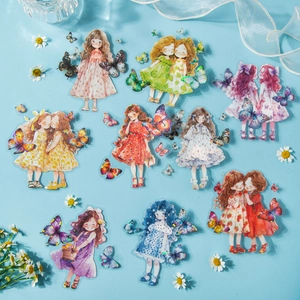 Watercolor butterfly girl stickers set with 9 PET floral designs for DIY scrapbooking
