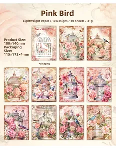 Detailed grid view of vintage pink bird scrapbooking paper with 10 artistic patterns