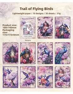 Detail of vintage bird and flower scrapbook paper featuring purple artistic sketches