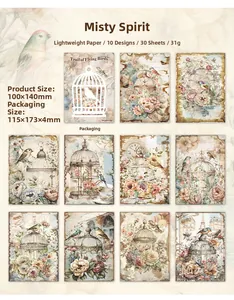 Detail view of vintage forest bird pattern paper sheets for DIY journaling and scrapbooking