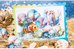 Detailed macro shot of shimmering ocean theme stickers with shells and pearls