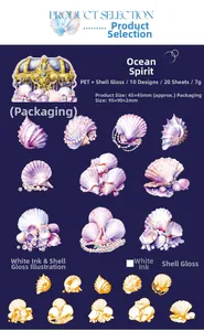 Macro detail of seashell PET stickers with pearlescent shell light and white ink finish