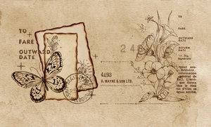 Detail of burnt edge scrapbooking paper with vintage butterfly and floral sketches