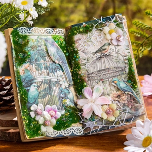 Retro forest birds scrapbooking paper with vintage birdcage and floral mixed media art
