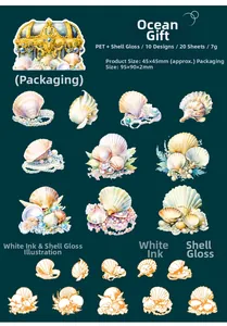 Detail of 20pcs PET shell stickers featuring white ink and iridescent luster effects