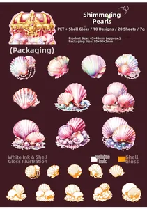 Detail view of pearl shell stickers set with PET shell light finish for DIY journaling