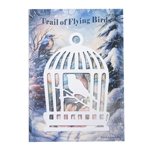 Artistic paper card with laser-cut birdcage and watercolor blue bird for journaling