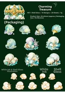 Detail of seashell PET stickers with pearl light and white ink for DIY journaling decor