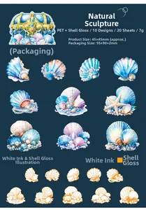 Detail of seashell PET stickers with pearl finish and treasure chest patterns