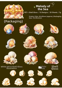 Close-up of decorative shell and pearl PET stickers with pearl light and white ink finish