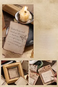 Detail of vintage burnt-edge paper labels with butterfly botanical prints and handwriting