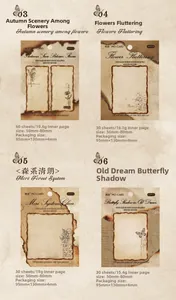 Detail view of vintage scorched edge sticky notes with floral and butterfly themes