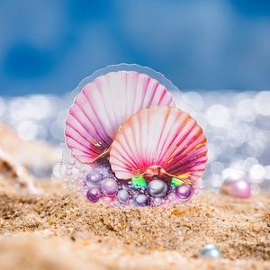 Iridescent seashell stickers with pink scallops and pearls on a sunny beach background