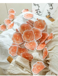 Detailed view of hand-painted orange camellia flower stickers on elegant lace background