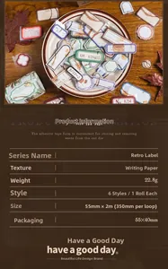 Detail of vintage writing paper washi tape with specifications of 55mm width and 2m length