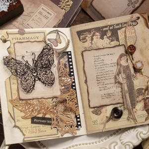 Vintage burnt theme scrapbooking kit with laser-cut butterflies and retro paper ephemera