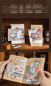 Détails d'un kit de scrapbooking vintage avec étiquettes esthétiques et autocollants