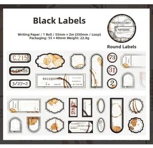 Detail showing vintage black label paper tape with 55mm by 2m dimensions and retro design