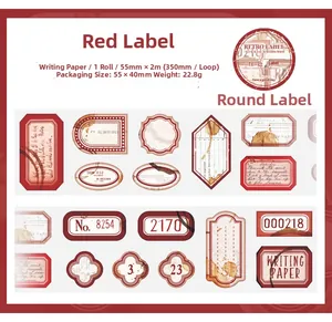 Macro detail of vintage red label stickers and washi tape for journaling and DIY crafts