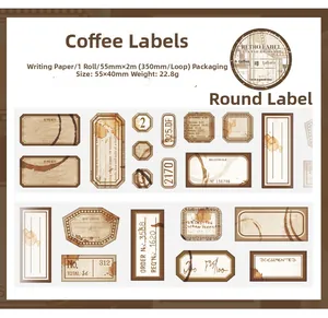 Macro detail of vintage coffee-themed washi tape stickers with 350mm loop design