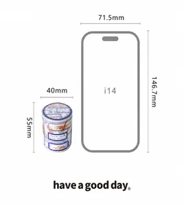 Vintage labels tape storage tin dimensions 40x55mm compared with a mobile phone