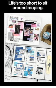 Detail of blue UI style stickers and washi tape on a notebook with creative decor