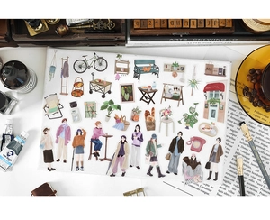 Mise à plat de stickers PET rétro avec illustrations lifestyle et papeterie