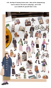 Vue détaillée des autocollants PET vintage avec illustrations lifestyle dessinées à la main
