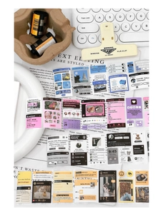 Macro detail of UI design stickers with vintage music player and calendar elements