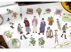 Gros plan de 20 stickers vintage en PET illustrés à la main avec personnages et plantes