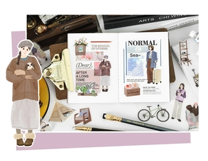 Mise en page détaillée de scrapbooking avec stickers de filles vintage et motifs rétro