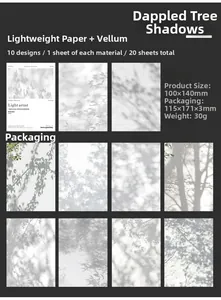 Detailed grid of 20 artistic tree shadow decorative papers in light and vellum textures