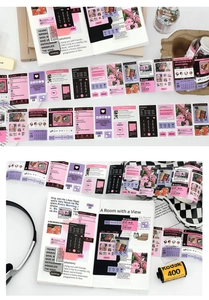 Macro shot of pink social media themed washi tape with Instagram UI motifs and aesthetic visuals