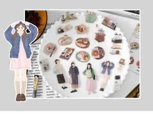 Détails d'autocollants PET vintage avec motifs de café et mode sur une assiette en céramique