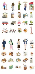 Dettaglio macro di adesivi in PET ad acquerello con temi di vita urbana vintage e cultura del caffè