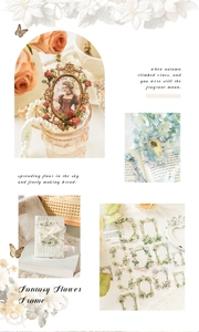 Primer plano de pegatinas PET con marcos florales vintage para manualidades y scrapbooking